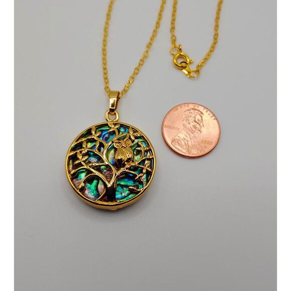 Gold Tone Owl in Tree Abalone Pendant Necklace 18" Chain Fashion Jewelry New - Picture 3 of 3
